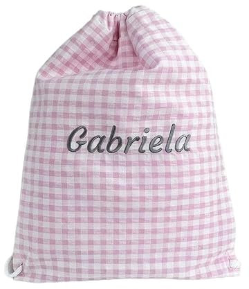 CARREDANA Mochila Infantil de tela con nombre bordado.Bolsas Escolares para la guarderia.Preescolar. (Vichy rosa)