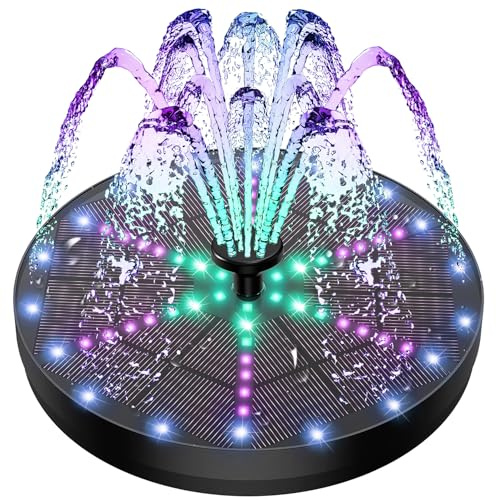 Yzert Upgraded Solar Fountain Bird Bath with 60 LED Lights, Solar Powered Water Fountain Pump with 4000mAh Battery 7 Nozzles 4 Fixers, for Garden Patio Pond Birdbath Pool