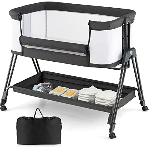COSTWAY Baby Bedside Crib, Easy Folding Cot Bed with Mattress, All-Side Mesh, Storage Shelf and Travel Bag, Height Adjustable Newborn Sleeper for Birth to 9kg (Dark Grey)