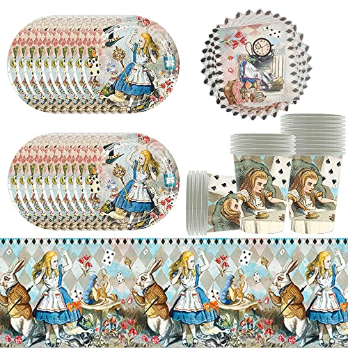 61Pcs Birthday Party Tableware, Alice Party Supplies Paper Plate Set, Set incluso tovaglia Piatti Tazze Tovaglioli per Baby Shower, Matrimoni, Anniversario (20 ospiti)