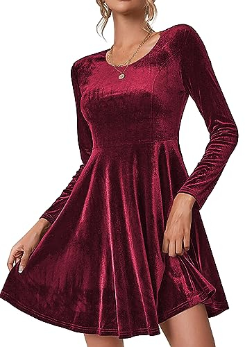 Zeagoo Cocktailkleid Damen Kleid Weihnachtskleid Langarm Abendkleider Elegant Samtkleid Rundhals Bodycon Partykleid Vintage Kleider Ballkleider Freizeitkleid Festliche Kleid Winterkleid Weinrot L