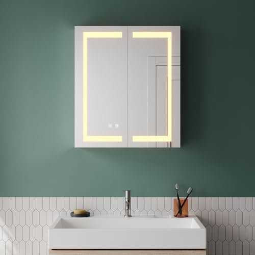 SUNXURY Spiegelschrank Edelstahl LED Spiegelschrank mit Beleuchtung dimmbar beschlagfrei Badspiegelschrank mit Steckdose und Touch-Schalter 600x700mm
