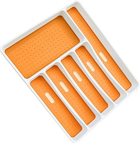 ARA CHOICE 6 Compartments Kitchen Cutlery Tray Rack Holder Organiser Drawer Insert Tidy Storage Utensils Plastic Organizer Anti-Slip 6 Slot Stationary Trays For Home kitchen Office (White & Orange)