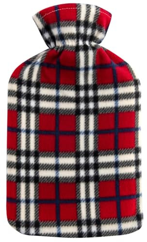 Hot Water Bottle with Fleece Cover 2L Check Polka Designs Warm Natural Rubber, Angus Check