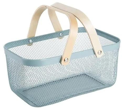 Sarmini Aufbewahrungskorb mit Holz Henkel, Multifunktionaler Metalldraht Hängende Küchenkörbe Obstkorb Ideal für Küche, Bad, Speisekammer, Garten, Schrankhaus, Einkaufen (Rechteck - Blau)