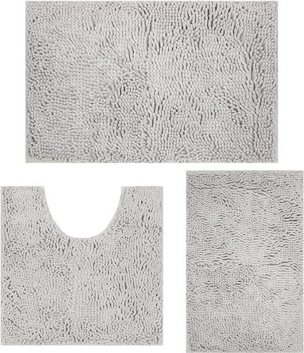 RUN HELIX Light Grey Bath mat weiche Chenille Badematte rutschfest Anti-Schimmel, saugfähige Badematte Set 3 Stück, zottelige Badematten, Flauschige Badvorleger Set (Hellgrau)