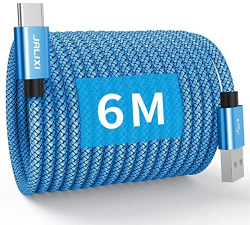 JALIXI USB C Charger Cable 6M, Extra Long USB C Cable Fast Charge Nylon Braided for PS5 Controller, Samsung Galaxy Tab A7 A8, S10 S9 A55 A54 A53 A35 A25 A15 A14 A13, Blue