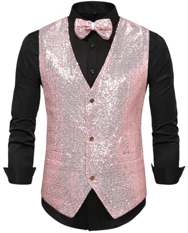 Catheive Gilet da uomo con paillettes brillanti con scollo a V, vestibilità regolare, vestito da festa, gilet, papillon, 2 pezzi, Rosa, X-Small