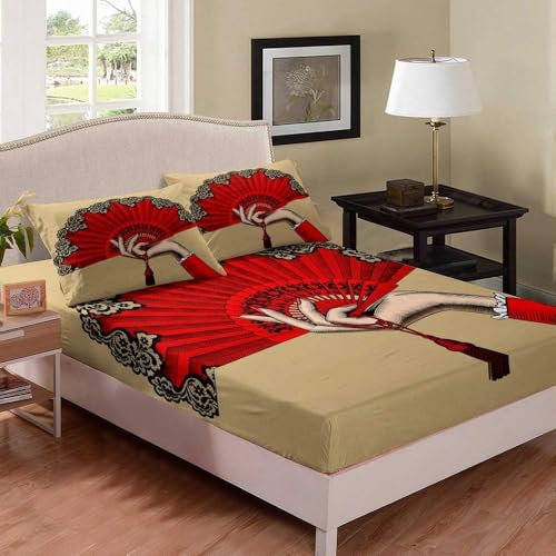 Red Double Fitted Sheet, Folding Fan Fitted Bed Sheet Double Deep Pocket 12 inch (30 cm) - Soft Microfibre Fabric 3D Fitted Sheets - Shrinkage and Fade Resistant Bedding - Bottom Sheet L2140