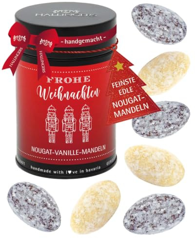 Hallingers Genuss Manufaktur Nougat-Mandeln Weihnachts-Geschenk - von Hand in der Manufaktur schokoliert ohne Alkohol in der Geschenkdose Frohe Weihnachten, Weihnachten für Frauen Männer