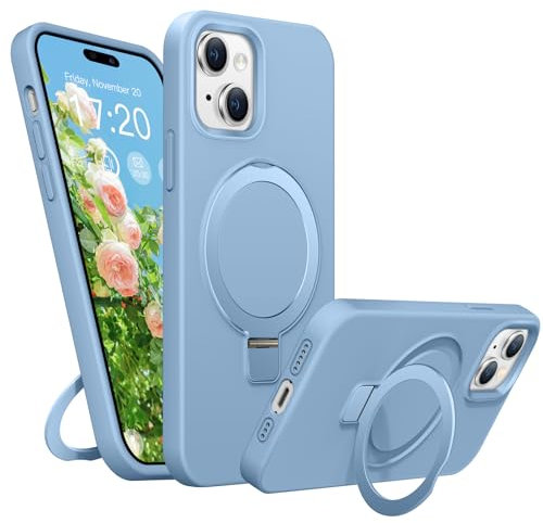 BENTIACC Liquid Silicone Case for iPhone 15, Magnetic Rugged Stand Ring, 4-Layer Shockproof Protective Case with Soft Microfibre Lining, Scratch Resistant (Light Blue)