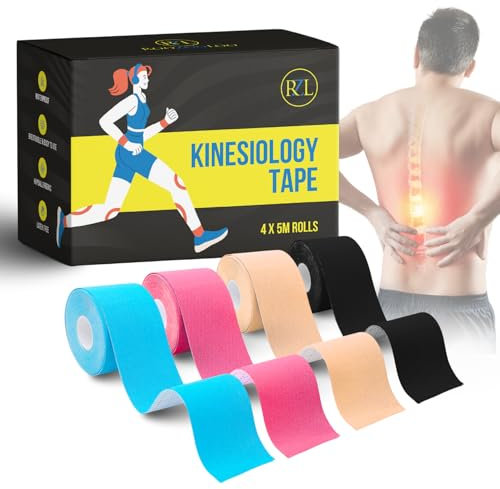Kinesiology Tape (4 Roll Pack), Elastic Sports, Pain Relief, Recovery, Waterproof, Breathable Athletic and Physio Therapy Tape, Muscle Support & Injury Recovery Latex-Free