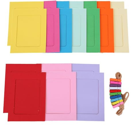 Lufdegim 20Pcs Fotorahmen aus Kraftpapier Fotorahmen aus Papier Bunter Fotorahmen aus Papier Bunte Pappe Seil Hölzerne Klammer Hängend