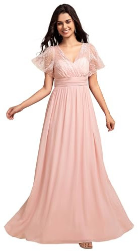 Ever-Pretty Robe Mère de Mariée Col V Dentelle Mousseline Manches Courtes pour Femme Rose 46