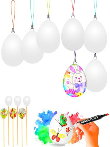 Willingood Ostereier zum Bemalen, 25x Ostereier Deko zum Aufhängen, Ostereier Plastik Weiß, Ostereier zum Selbst Bemalen Beschriften für Kinder, Ostereier Deko für Sträucher Gärten Osterstrauß[6cm]