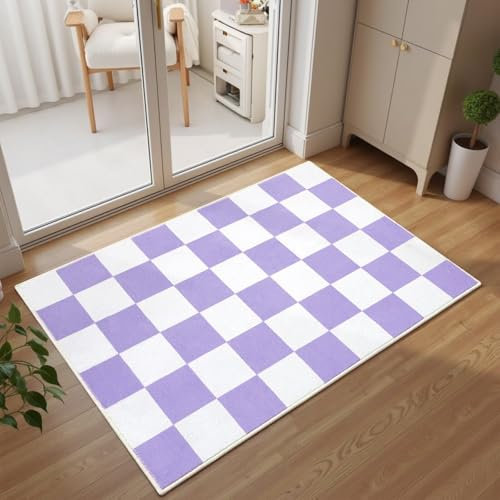 Terrug Kleiner karierter Teppich für Schlafzimmer, 5 x 7,6 cm, weich, waschbar, mit rutschfester Unterseite, niedriger Flor, Überwurf-Teppich für Eingangsbereich, Flur, Küche, Waschküche, Lila und
