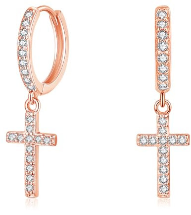 Cangall Silver Hoop Earrings for Women, Sterling Silver Cross Drop Hoop Earrings, CZ Simple Cute Cartilage Rose Gold Dangle Earrings, Sleeper Dangle Hoop Earrings Silver with Cross Charm Dangling