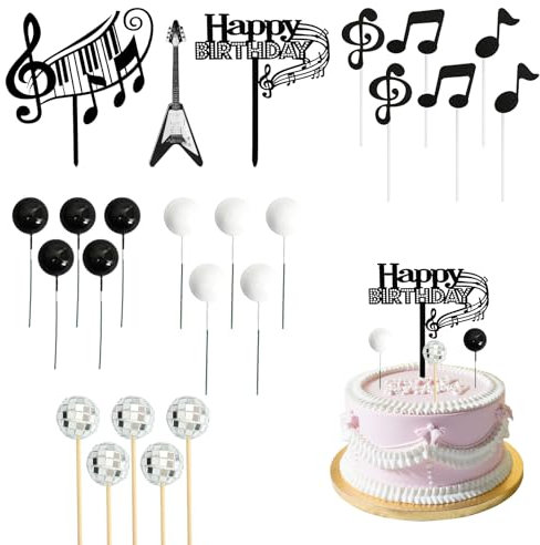 Godneei 24 Pcs Rock Music Cake Topper, Guitar Cake Decorations, Disco Ball Cake Topper, Happy Birthday Decorations for Wedding Party Birthday