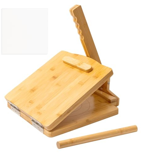 2025 Upgraded Wooden Tortilla Press 10 Inches Large Wood Tortilla Press Maker, with Rolling Pin & 50 Pcs Parchment Paper, for Homemade Tortillera, Roti, Chapati, Taco, Pataconera, Burritos