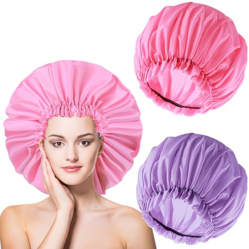2 PCS Large Shower Cap for Braids - Waterproof Shower Cap for Women, Reusable XL Plastic Shower Caps Jumbo Bath Bonnet for Long Thick Curly Hair, Locs, Twist Braids (Pink, Purple)