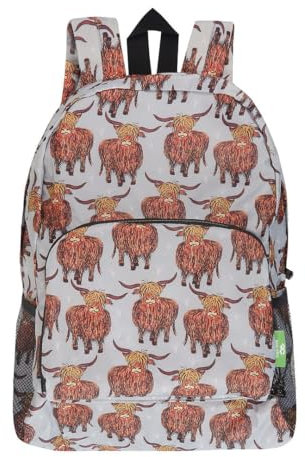 ECO CHIC Lightweight Foldable Water Resistant Backpack Rucksack Folds into Pouch for Storage (Highland Cow Grey)