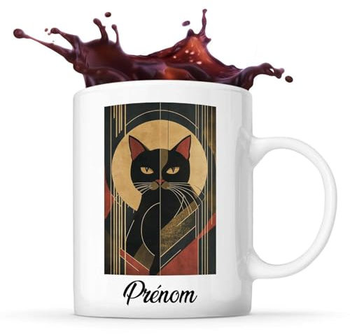 Planetee Tasse Chat Prénom Personnalisable Inspirée Art Déco Chat avec Lignes Élégantes et Schéma de Couleurs Sophistiqué. | Mug Original Customisable