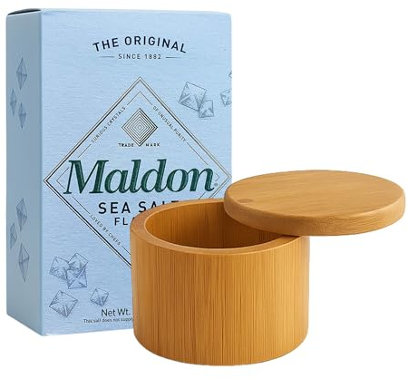 NORTHWARD SPIRIT Bamboo Salt Box Cellar Canister Gift Set | Includes Bamboo Salt Box with Magnetic Swivel Lid and 8.5 oz Maldon Sea Salt Flakes for Everyday Seasoning