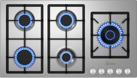 Gurari Gaskochfeld 90 cm Edelstahl FQ 905 VRGL Einbau Gasherd mit 5 Flammen • Hochleistungs-WOK-Brenner 4,0 kW • Erdgas & Propan (FL.Gas) • Massive Gusseisenroste • Modernes Design • Profi-Qualität
