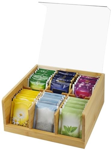 Axincardarm Wooden Tea Box Organiser 6 Compartments Bamboo Tea Bag Holder Organiser with Acrylic Lid, Wood Tea Box for Tea Bags Storage, Tea Caddy, Coffee, Spices