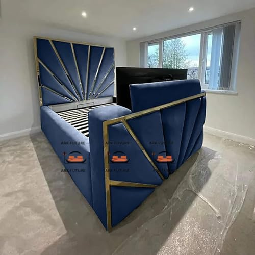 ark future Leniva Maroon Plush Velvet TV Bed Frame with Remote Control, Gold Trim Upholstery, Modern UK Made Bed with Hidden Lift-Up TV Feature (Blue, Double)