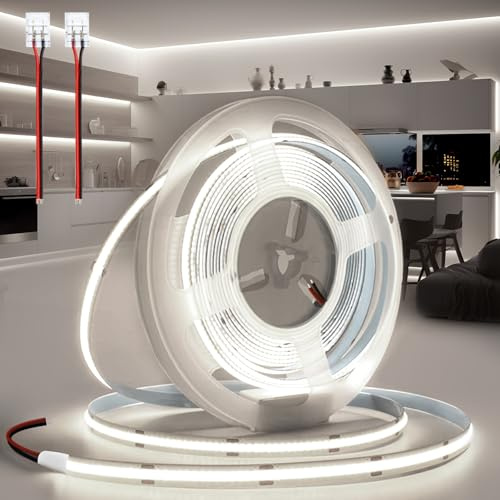 BRIMETI LED Streifen 12V 5M LED Strip COB Selbstklebend Weiß 6000K 8mm Breite 320LEDs/M, Flexibel IP20 Licht Band Leiste Mit Verbinder DIY, für TV, Beleuchtung Schlafzimmer (ohne Netzteil)