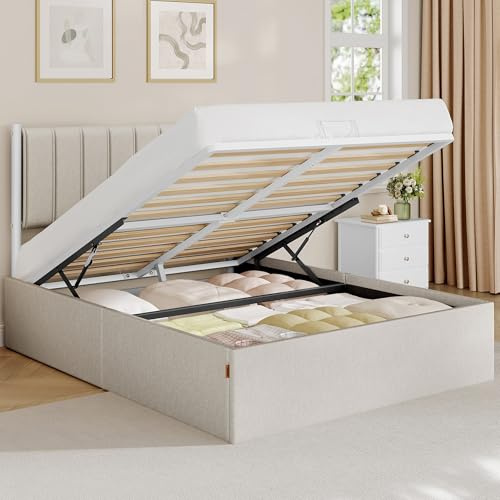 VASAGLE Lit Coffre 140 x 190 cm, Sommier Relevable, avec Rangement | Cadre de Lit 2 Personnes, Système Hydraulique, Moderne et Minimaliste, Beige cappuccino, Collection KACY RMB613LH01