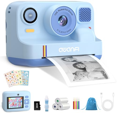 Kinderkamera Sofortbildkamera, 1080P Sofortbildkamera Kinder mit 32GB Karte | 2,4 Zoll Digitalkamera Kinder Sofortdruck mit 3 Rollen Druckpapier, Geschenk für Jungen und Mädchen 3-12 Jahren, Blau