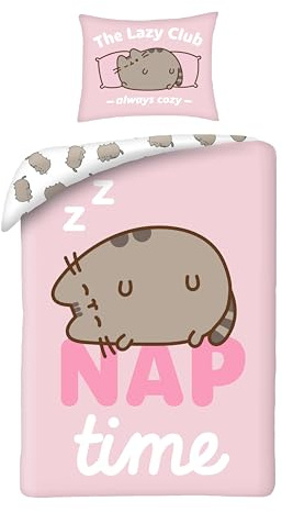 Pusheen Bettwäsche 140x200 + Kissenbezug 70x90 Nap Time Lazy Club Katze | Wendebettwäsche Einzelbett | Mikrofaser ultra weich | Stormy Pip | Geschenk Mädchen & Teenager | Maschinenwaschbar
