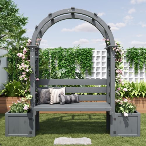 Bogenförmige Pergola Bank mit Pflanzkübel & Rankgitter – Massives Tannenholz Hochbeet mit Spalier & Sitzbank für Garten, Terrasse, Hof, als Sichtschutz, Grau, 160x30,5x160 cm