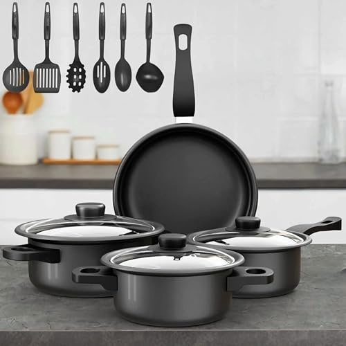 13-Piece Nonstick Cookware Set, Durable Iron Set Pots and Pans Set with Frying Pan, Soup Pot & Saucepans, Glass Lids, Heat-Resistant Handles, Complete Kitchen Cooking Set