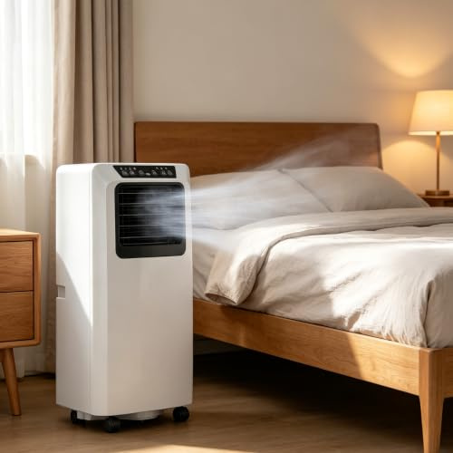 Condizionatore portatile da 9000 BTU, Unità di climatizzazione con deumidificatore, ventilatore a 2 velocità, display digitale e telecomando, kit per finestra, timer 24 ore, per camera da letto