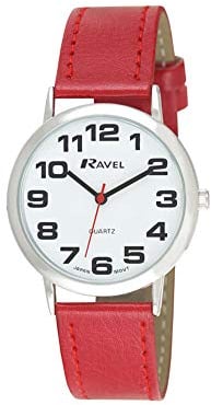 Ravel Women's Easy Read Watch with Big Numbers - Red/Silver Tone/Black Dial
