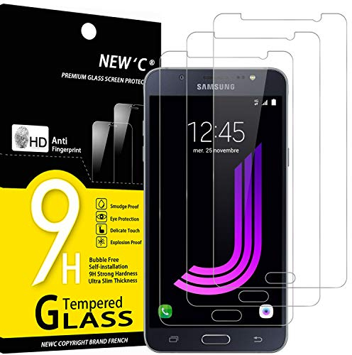 NEW'C 3 Piezas, Protector Pantalla para Samsung Galaxy J7 2016, Cristal templado Antiarañazos, Antihuellas, Sin Burbujas, Dureza 9H, 0.33 mm Ultra Transparente, Ultra Resistente