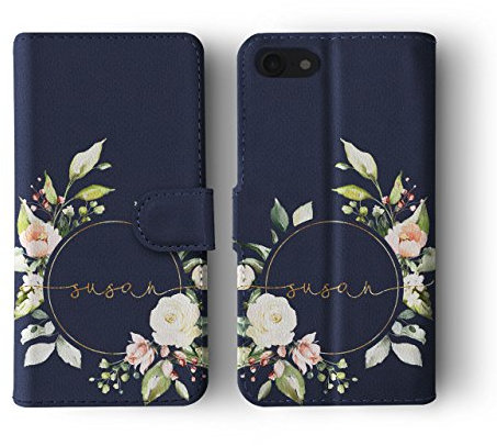 Tirita Personalised Initials Custom Wallet Leather Flip Phone Case Compatible with iPhone 11 PRINTED GLITTER, NOT REAL GLITTER Shabby Chic Floral Watercolour Pastel Roses