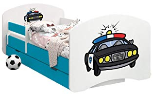 HappyBabies - Doppelseitiges Kinderbett MIT SCHUBLADE Modernes Design mit sicheren Kanten und Absturzsicherung Schaumstoffmatratze 7 cm Blau (Polizei, 140x70)