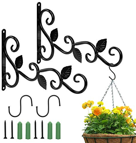 LAMEK 2Pcs Iron Plant Hanger Wall Hooks Hanging Basket Brackets with 2pcs S Shaped Hook for Plants Flower Pots Bird Feeder Lantern Wind Chimes Garden Light Fence Decoration (Black)