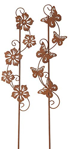 Posiwio dekorativer Gartenstecker Blumenranke und Schmetterlingstanz Metall rostig Preis für 2 Stück als Set