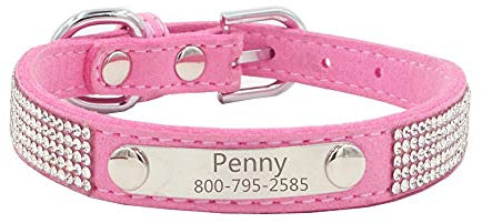 THAIN Rhinestones Personalised Dog Cat Collar Bling Diamond with Engraved Stainless Steel Nameplate for Small Medium Large Dogs(XS(neck 7.87-10.23), Pink)