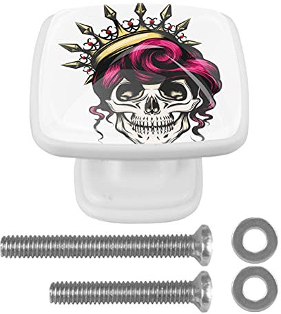 Lot de 4 boutons de tiroir carrés fantaisie en forme de tête de mort - 30 mm - Pour placard, armoire, commode, porte, meubles - Décoration d'intérieur