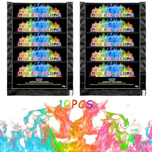 TOPJOWGA Buntes Feuerpulver, 10 x 10g Buntes Feuer, Bunte Flammen Pulver, Magic Fire Pulver Set, Feuerfarben Pulver Buntes Feuer, Neon Flames, Magical Flames für Outdoor-Events Weihnachten Party