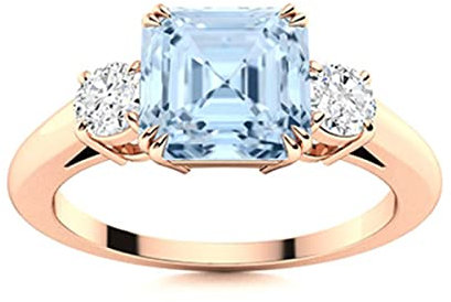 6 mm quadratische Form Aquamarin Edelstein 925 Sterling Silber drei Stein Frauen Versprechen Ring (Roségold Vermeil, 54)