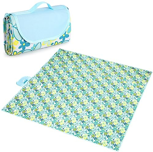 Larkumio Picknickdecke Wasserdicht 200x200, Picnic Blanket Isoliert Groß Picknick Decke Outdoor Waschbar Picnic Mat Stranddecke Sandfrei mit Griff, Mehrzweck für Camping Wandern Park Strand, Blumen