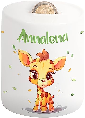 Süße Kinder-Spardose mit Namen – Sparschwein für Mädchen & Jungen – personalisiertes Geschenk zur Einschulung Taufe Geburtstag Weihnachten – Geldgeschenk-Verpackung Kinder (Giraffe, Blätter)
