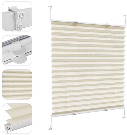 Plissee ohne Bohren, 50 x 140 cm Sonnen-Sicht, und Sichtschutz, Fensterrollo Rollo inkl. Plissee Klebeplatte 4 Stück, für Fenster & Tür ohne Bohren, Creme Farben